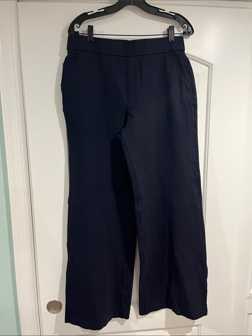 Navy wide leg trousers with charcoal stripes